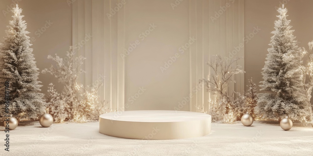 Poster Christmas backgrounds featuring a podium stage in a minimal New Year event theme A festive scene suitable for product display mock up banners with an empty pedestal decor set in a winter setting 3D