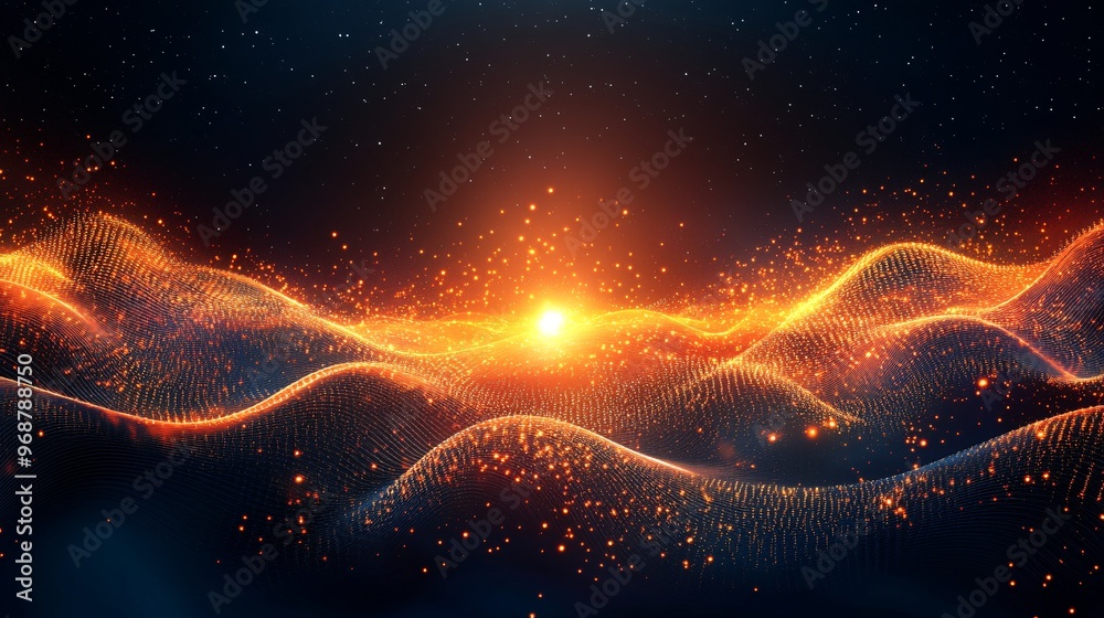 Aufkleber Quantum computing particle waves and glowing qubits in a dynamic abstract visualization representing advanced technology and future data systems Large space for text in center Stock photo with copy
