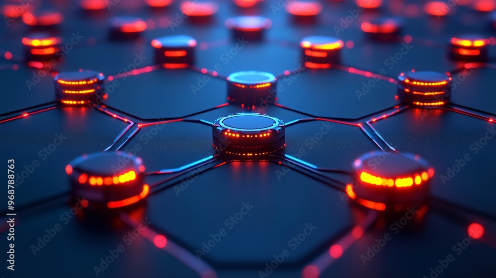 Aufkleber Neural network visualization with interconnected glowing nodes forming an intricate web of AI processes futuristic tech background Large space for text in center Stock photo with copy space