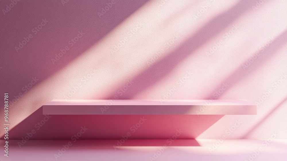 Poster minimal pink display shelf against a pastel pink wall background creating a shadow effect in a conce
