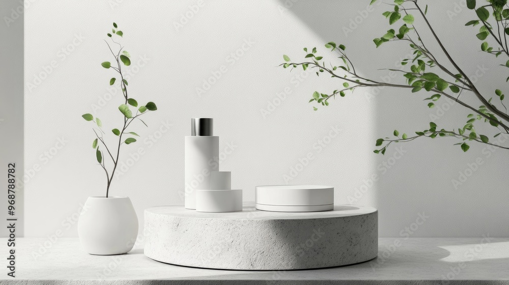 Poster minimalistic cosmetic podium scene featuring a grey background with a 3d rendered platform white sto