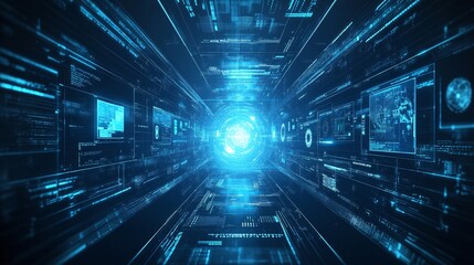 Futuristic holographic interface with floating transparent buttons and touch screens representing immersive user interaction in a digital space Large space for text in center Stock photo with copy