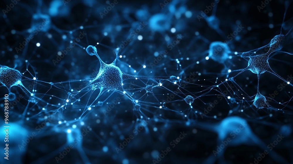 Leinwandbilder Neural network visualization with interconnected glowing nodes forming an intricate web of AI processes futuristic tech background Large space for text in center Stock photo with copy space