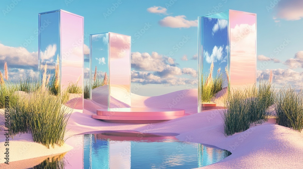 Poster surreal landscape in a fantasy world featuring water vibrant sand and grass 3d rendering of a podium