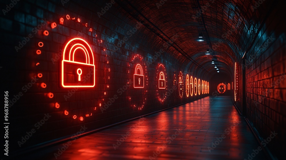 Wall mural Cybersecurity matrix of encrypted data floating locks and codes in a tech-inspired dark environment representing protection and data safety Large space for text in center Stock photo with copy space