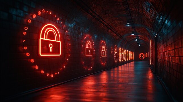 Cybersecurity matrix of encrypted data floating locks and codes in a tech-inspired dark environment representing protection and data safety Large space for text in center Stock photo with copy space