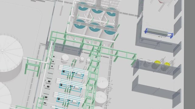 Water treatment plant, seamless 3d loop animation, filtration system