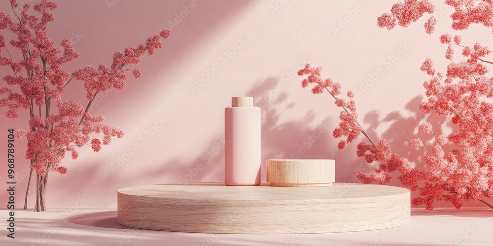 Aufkleber wooden display stand for products on a pink backdrop 3d rendering