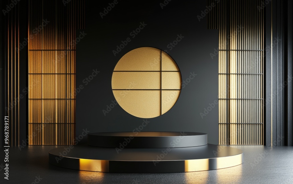 Poster Abstract podium background featuring geometric shapes in black and gold Minimalist 3D rendering suitable for product display with a geometric backdrop