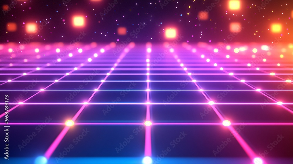 Aufkleber Futuristic digital grid with glowing lines and nodes representing interconnected data and technology modern tech background with neon accents Large space for text in center Stock photo with copy space