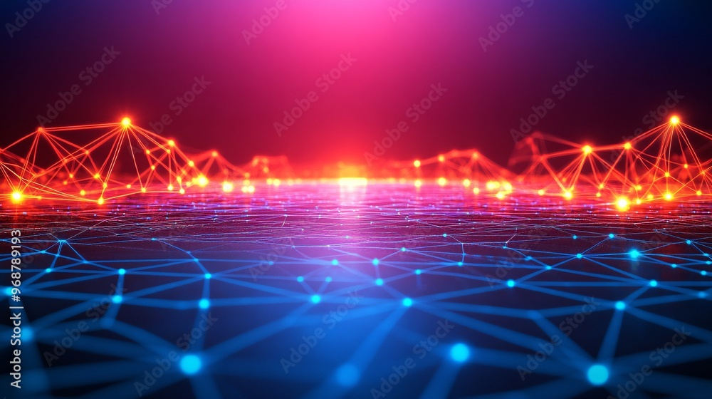 Aufkleber Futuristic digital grid with glowing lines and nodes representing interconnected data and technology modern tech background with neon accents Large space for text in center Stock photo with copy space