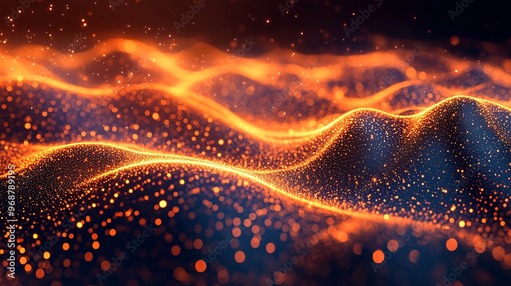 Aufkleber Quantum computing abstract with glowing qubits and dynamic particle waves representing advanced science and high-tech computing Large space for text in center Stock photo with copy space