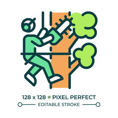 Tree trimming RGB color icon. Arborist worker with chainsaw. Professional trimming. Tree maintenance. Outdoor work. Isolated vector illustration. Simple filled line drawing. Editable stroke