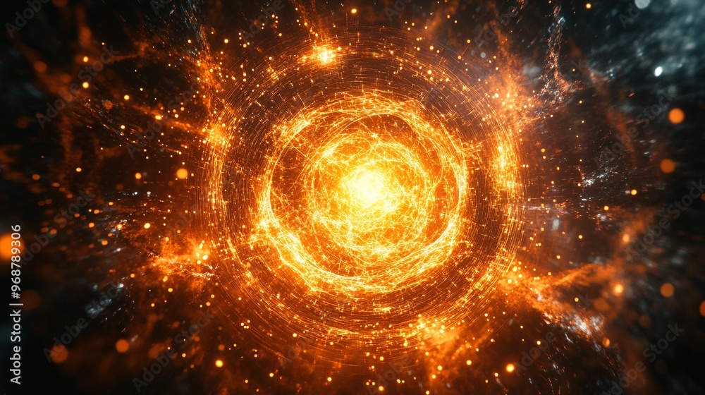 Aufkleber Quantum computing abstract with glowing qubits and dynamic particle waves representing advanced science and high-tech computing Large space for text in center Stock photo with copy space
