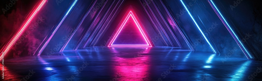 Poster futuristic neon glowing lights in purple and blue triangle shape stage design with lasers for a sci 