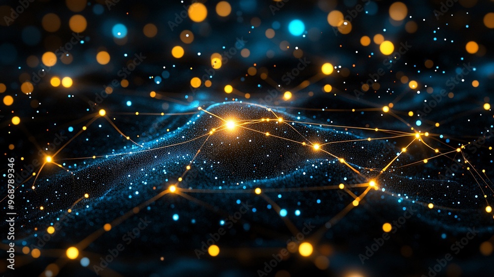 Aufkleber AI neural network design with glowing interconnected nodes forming an abstract web of machine learning and artificial intelligence processes Large space for text in center Stock photo with copy space