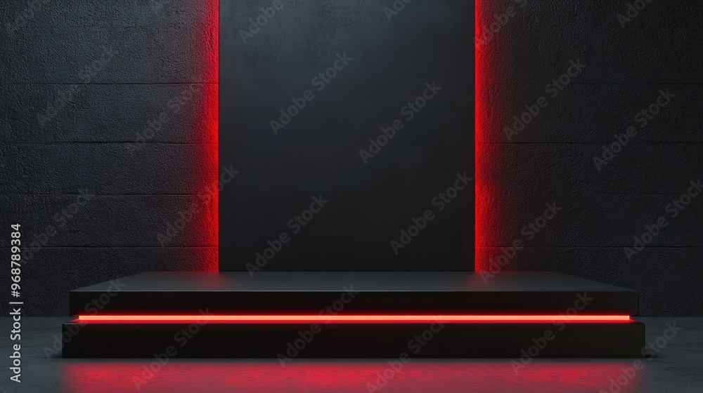 Poster Black podium display with red light emission against a dark background 3D rendering