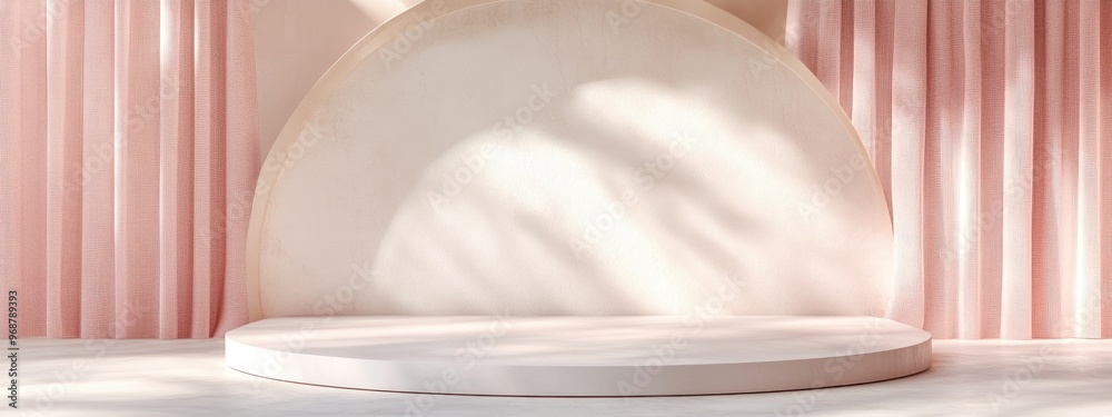 Aufkleber Showcase podium and stand on a soft pastel background for high end products 3D rendering Studio setting featuring geometric shapes and an arch serving as an architectural backdrop for product adve