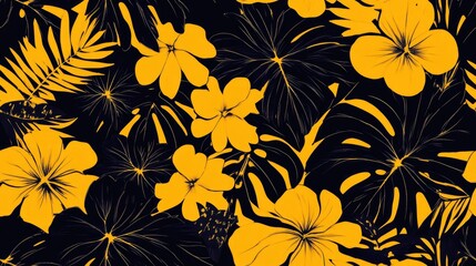 Seamless pattern featuring a Hawaiian Aloha shirt design in black and yellow hues