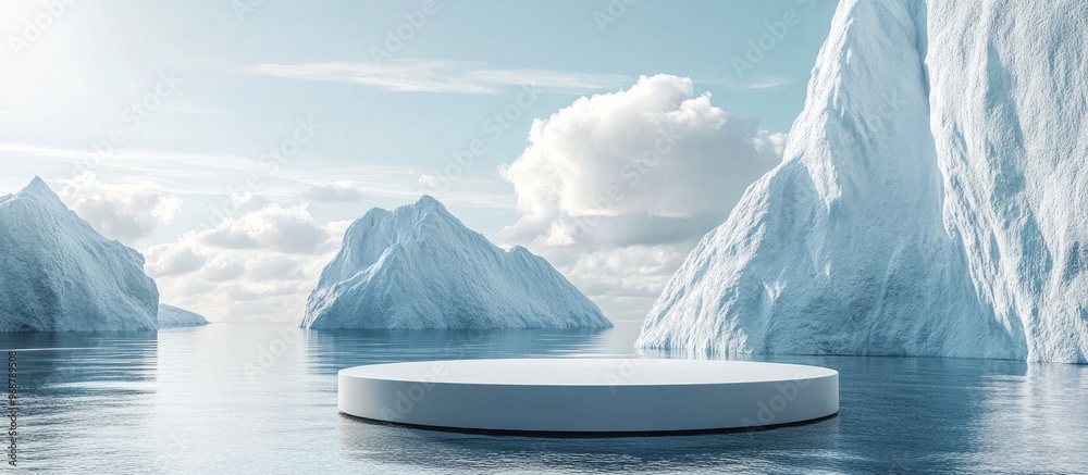 Aufkleber stylish 3d render of podium on water with scenic ocean and ice mountain background for cosmetic prod