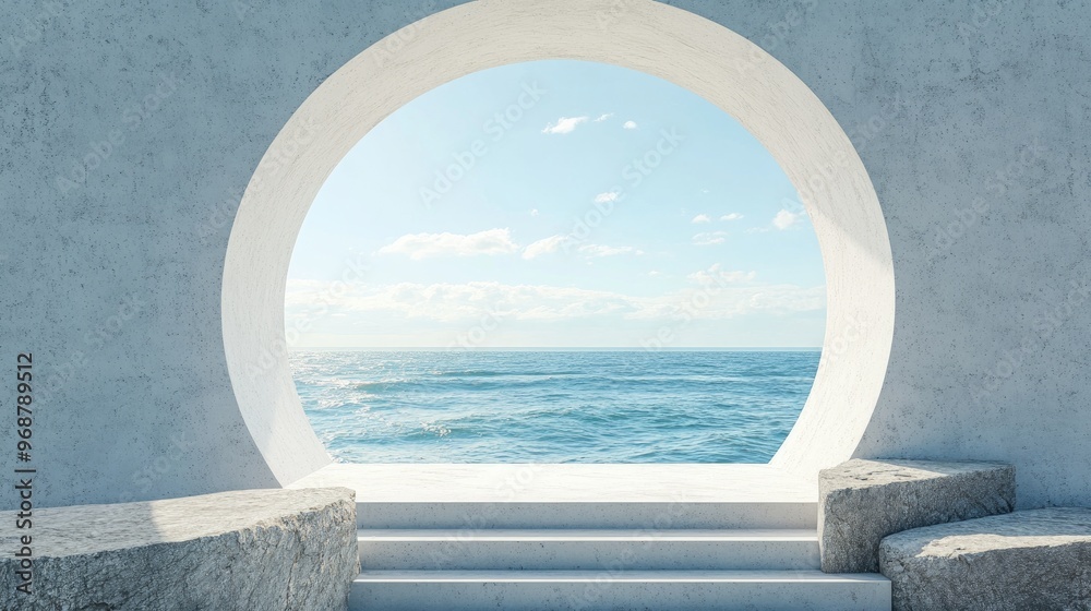 Aufkleber round opening with ocean views terrazzo stone sculpture unoccupied platform for mockup design bright