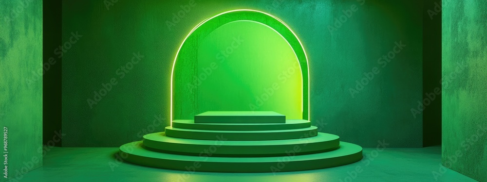 Poster 3d scene featuring a green podium set against a square textured arch and wall backdrop