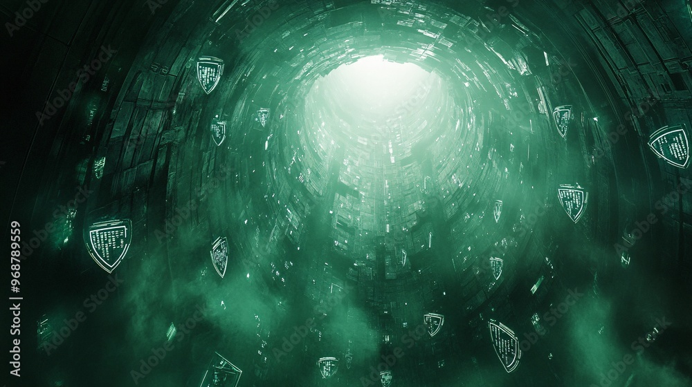Aufkleber Cybersecurity-themed digital matrix with encrypted code and shield icons floating in a futuristic environment representing data safety Large space for text in center Stock photo with copy space