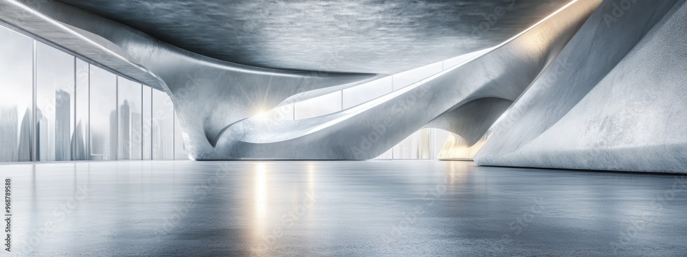 Poster Abstract modern showroom design featuring silver metallic elements and a concrete floor Empty futuristic background in 3D rendering