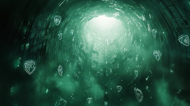 Cybersecurity-themed digital matrix with encrypted code and shield icons floating in a futuristic environment representing data safety Large space for text in center Stock photo with copy space
