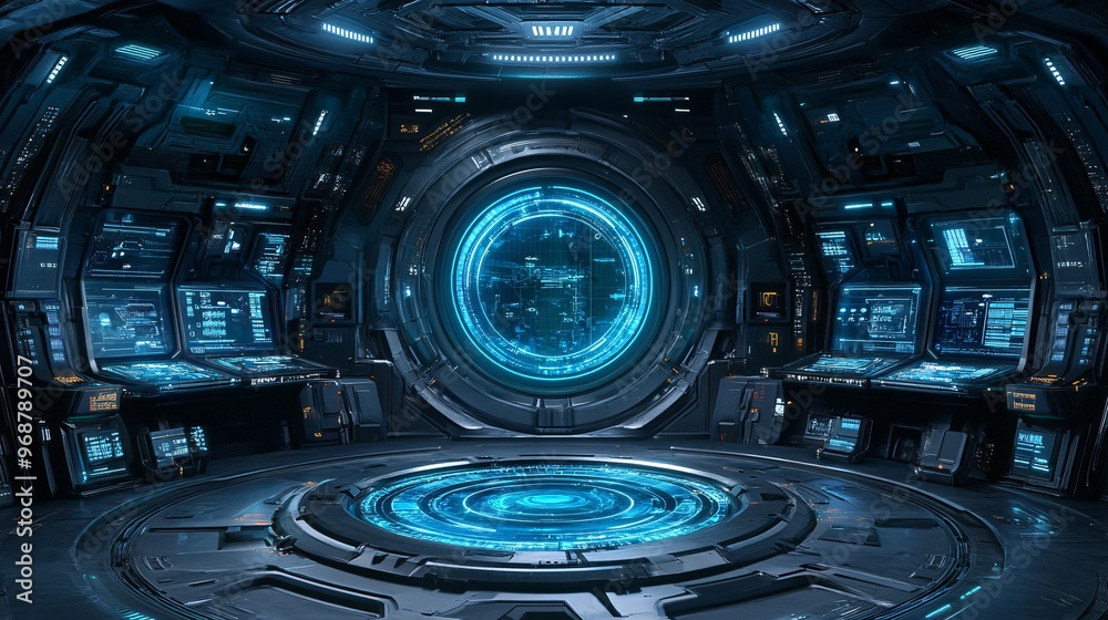 Aufkleber Holographic user interface with transparent data screens and touchable elements floating in a sleek digital environment representing futuristic tech interaction Large space for text in center Stock