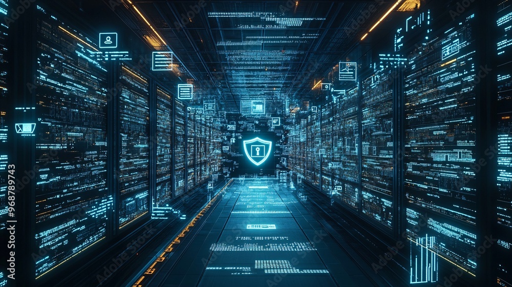 Poster Cybersecurity-themed digital matrix with encrypted code and shield icons floating in a futuristic environment representing data safety Large space for text in center Stock photo with copy space