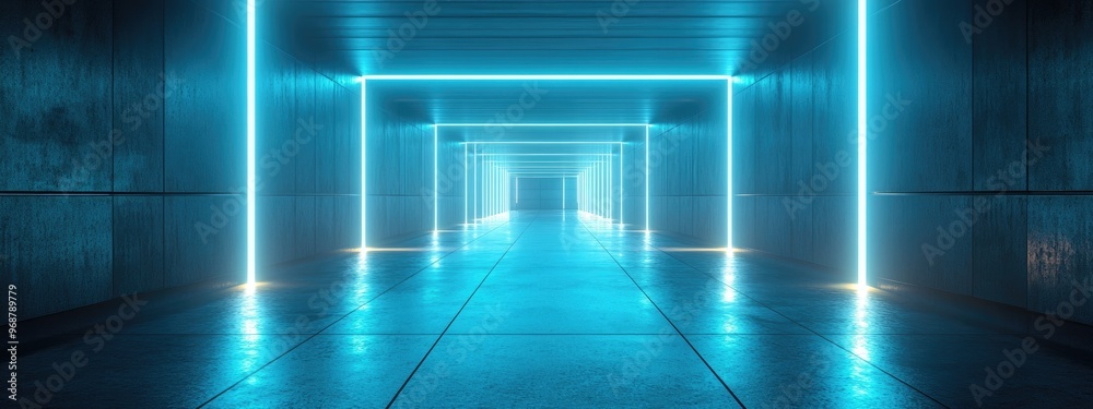 Poster Abstract futuristic empty room with a sci fi corridor illuminated for showcasing and product display Modern technology inspired cement floor and wall interior concept 3D render