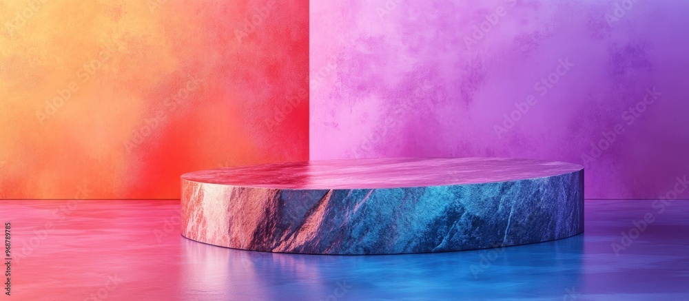Poster rock podium product display on an elegant surface with a vibrant background