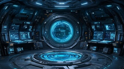 Holographic user interface with transparent data screens and touchable elements floating in a sleek digital environment representing futuristic tech interaction Large space for text in center Stock