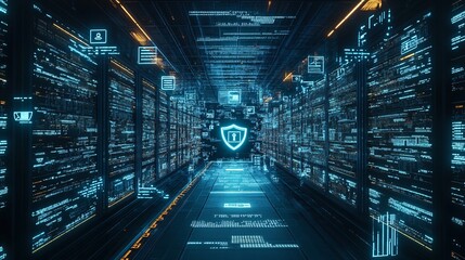 Obraz premium Cybersecurity-themed digital matrix with encrypted code and shield icons floating in a futuristic environment representing data safety Large space for text in center Stock photo with copy space