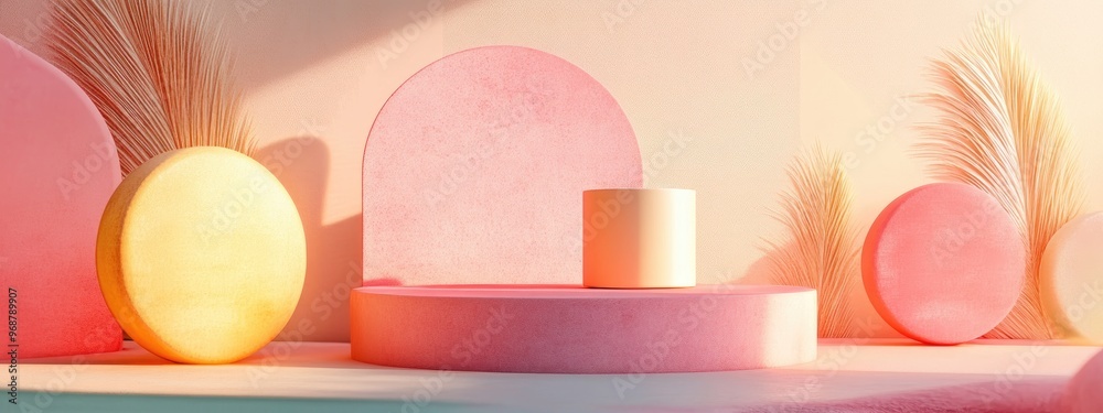 Poster Abstract pastel colored mockup scene featuring geometric shapes and a podium background for product display 3D rendering