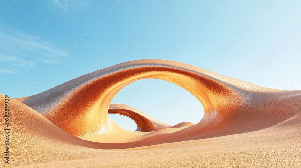 Poster surreal desert landscape featuring abstract sand dunes and metallic arches against a clear blue sky 