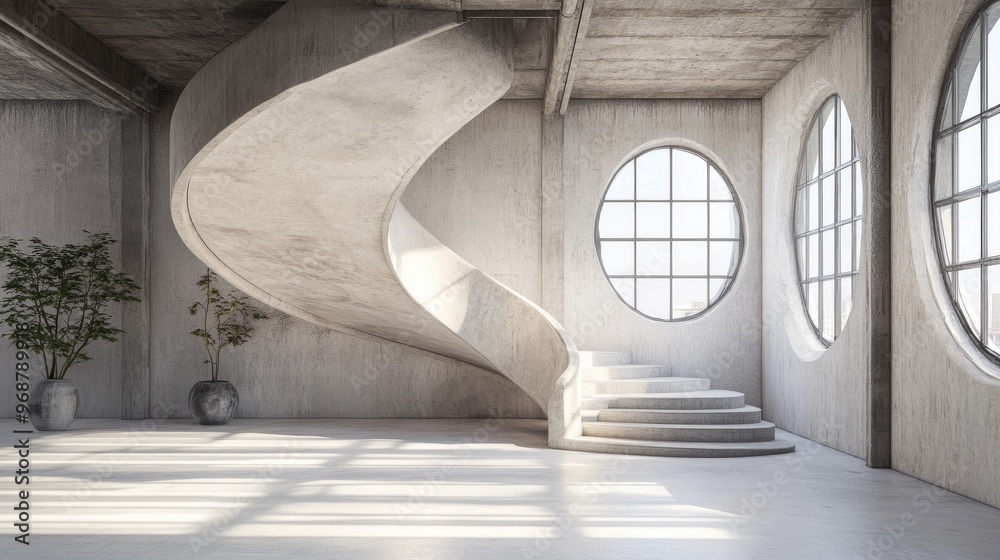Poster interior architectural background featuring curved stairs and round windows in an industrial style l