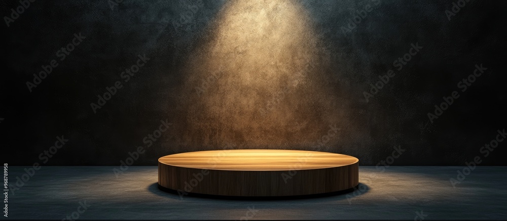 Poster Wooden podium displayed on a workspace in a dimly lit environment 3D rendering