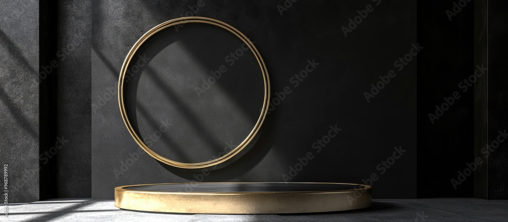 Poster Minimalist 3D rendering mockup of a pedestal featuring a round gold frame against a black backdrop