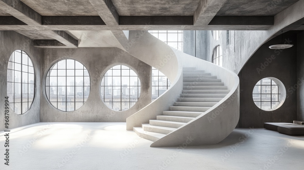 Poster interior architectural background featuring curved stairs and round windows in an industrial style l