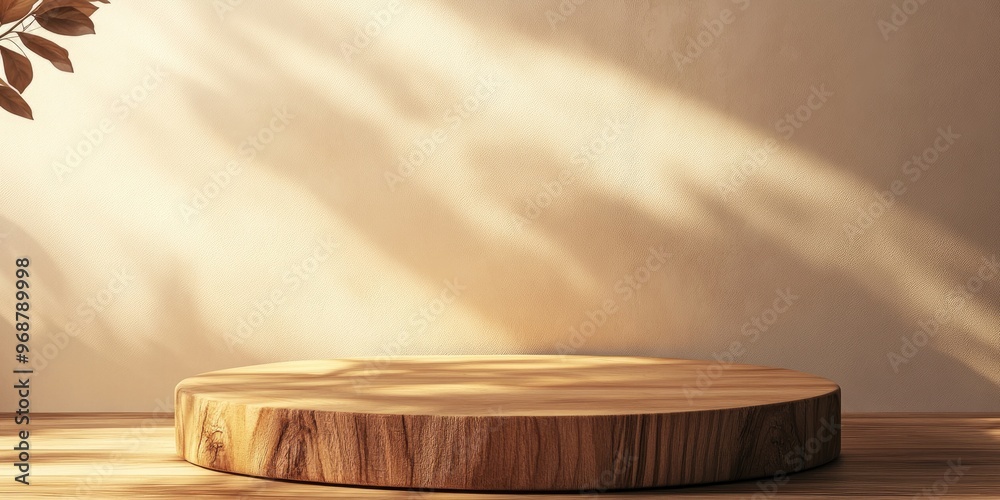 Fototapete Abstract 3D product display with a rustic wooden podium and a light colored background 3D rendering illustration