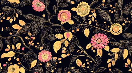 Seamless pattern design featuring batik inspired vintage floral elements colorful paisley and abstract branches and plants Textile motif texture