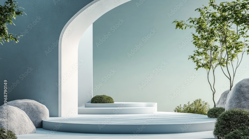 Poster Abstract landscape featuring a podium designed for product presentation 3D rendering