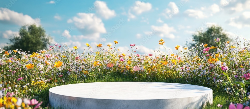 Poster abstract 3d render of a spring scene featuring a natural podium background with a white stone podium