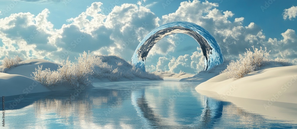 Poster Surreal and enchanting dreamlike background featuring an abstract winter dune landscape with a geometric arch A fantasy island scene with water and a naturally cloudy sky complemented by a metallic