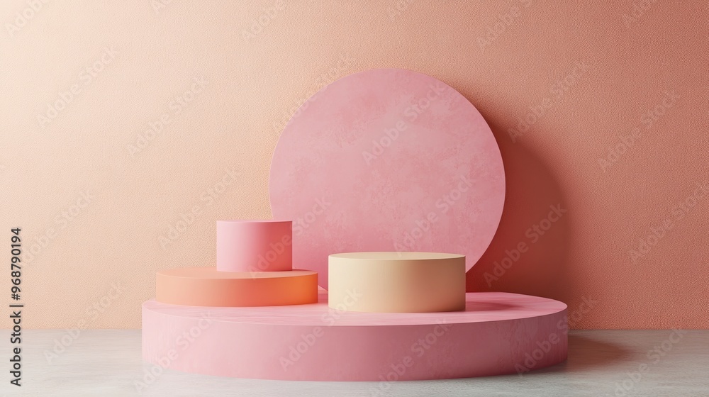 Poster Minimalistic 3D render of a pastel podium showcase featuring simple geometric shapes for product presentations and advertising including cosmetics and fashion displays