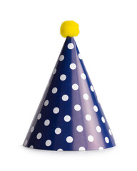 Classic dark blue party hat with white polka dots and yellow pompom standing isolated  on white background