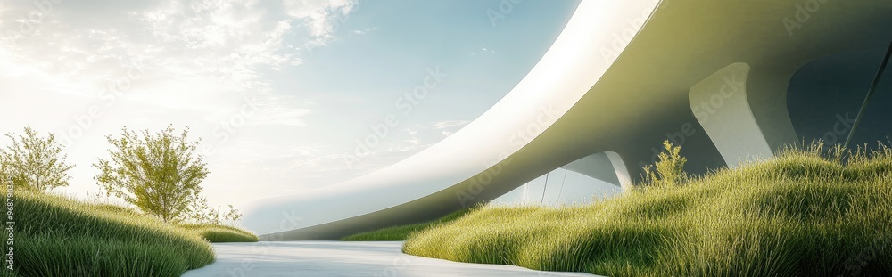 Poster abstract architectural background featuring a white curved structure alongside grassy landscaping re