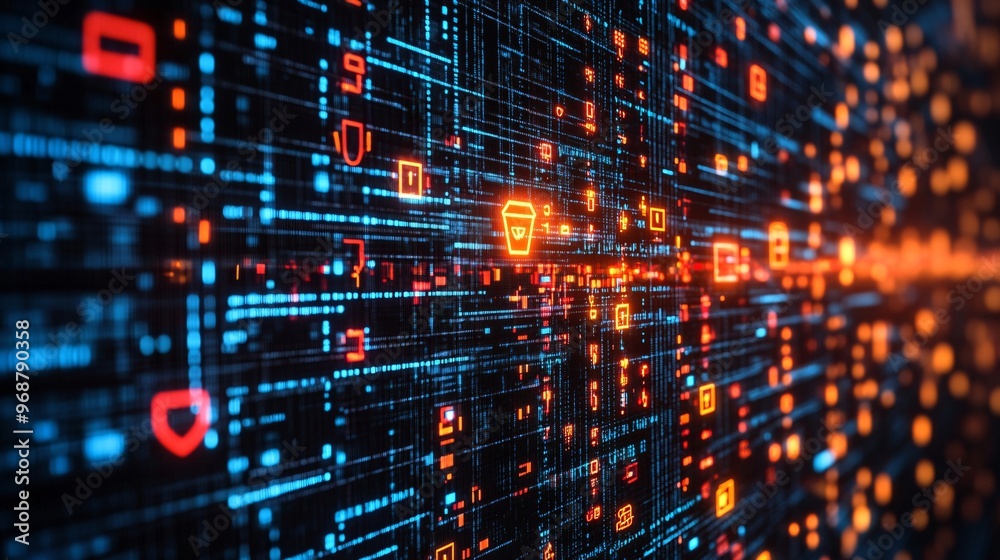 Poster Cyber matrix with floating encrypted codes locks and shield icons representing cybersecurity and data protection futuristic tech background Large space for text in center Stock photo with copy space